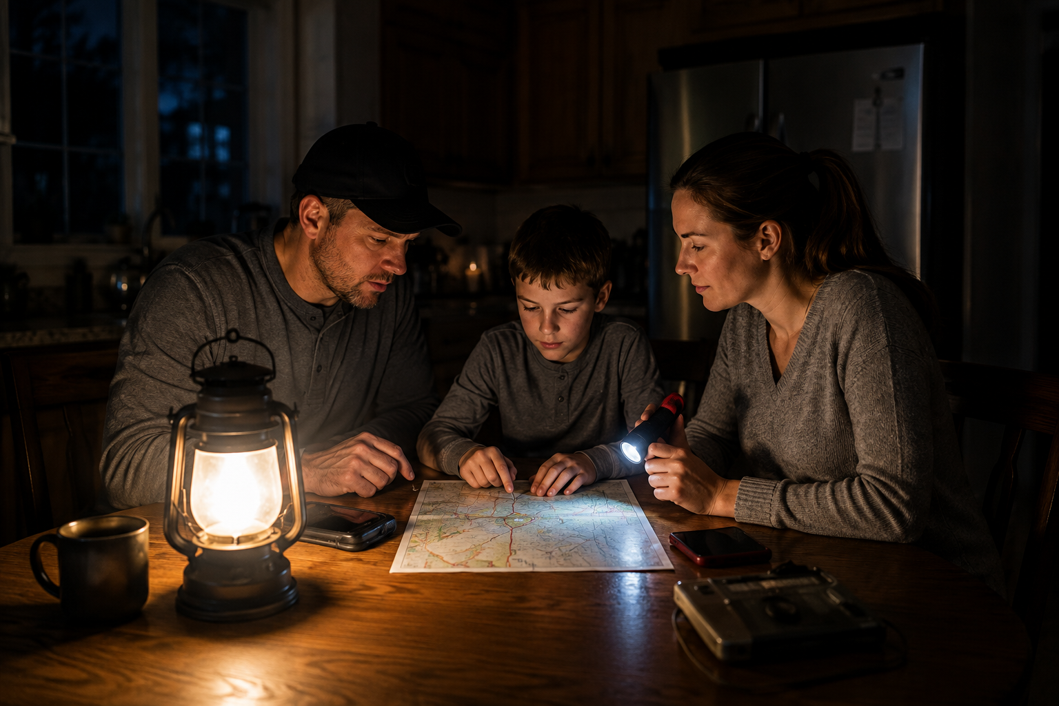 Family using a lantern during a home power outage
