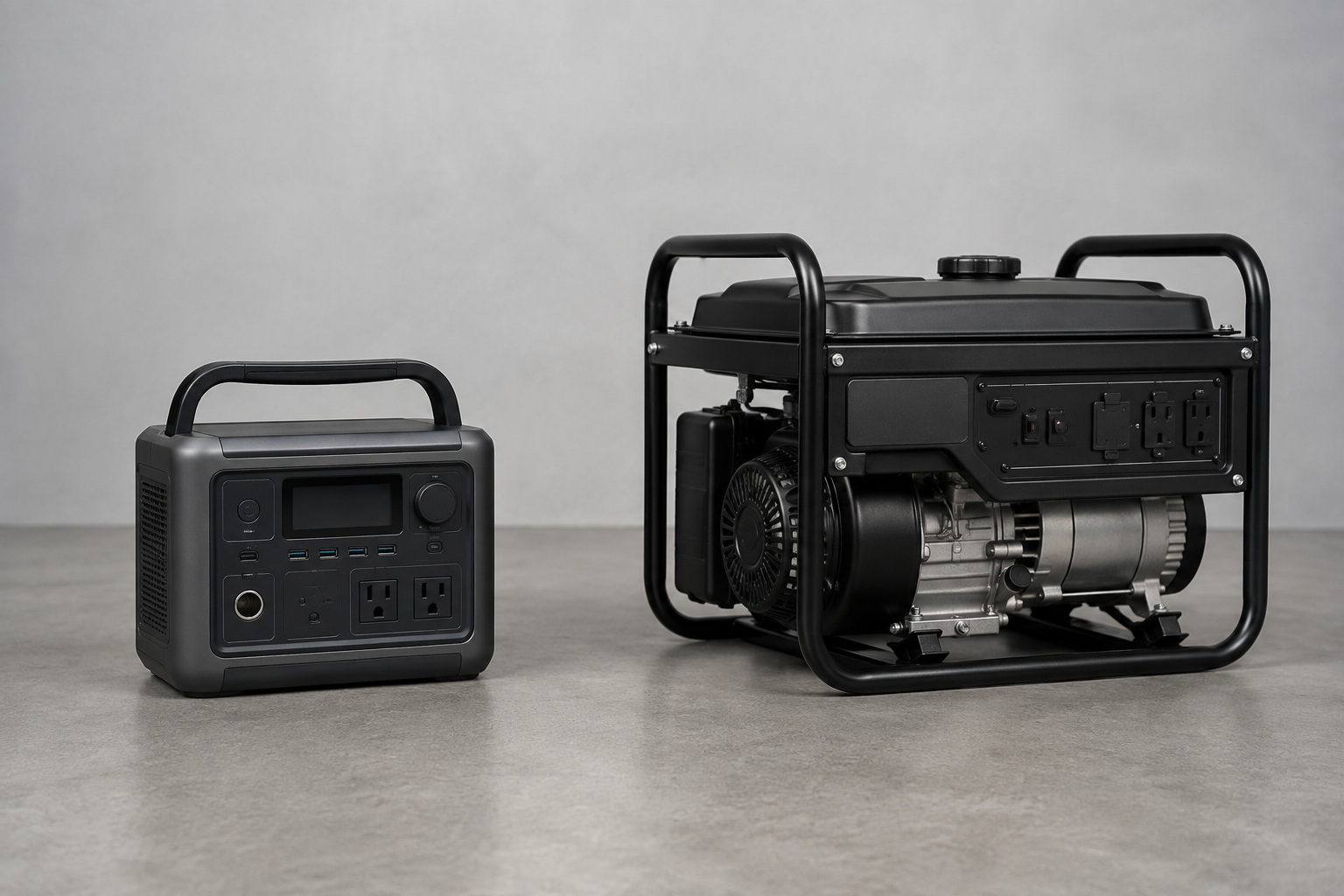 A portable battery power station and a portable fuel generator displayed side by side for comparison.