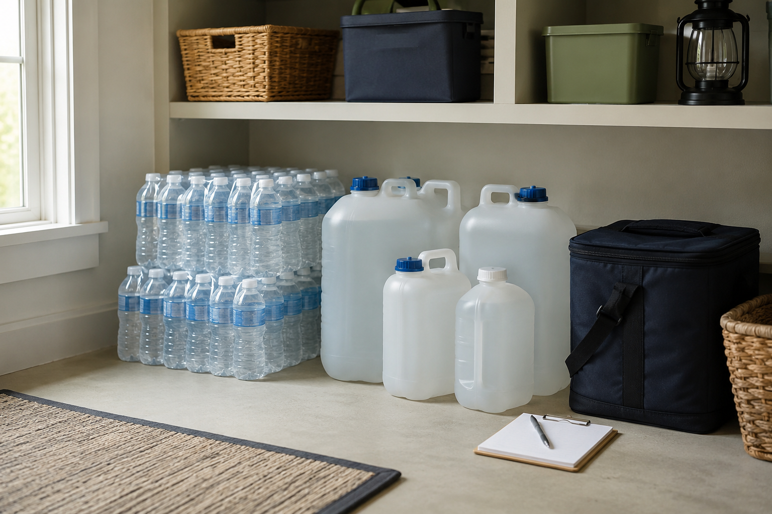 Bottled water and food-grade emergency water containers arranged in an organized household storage area.