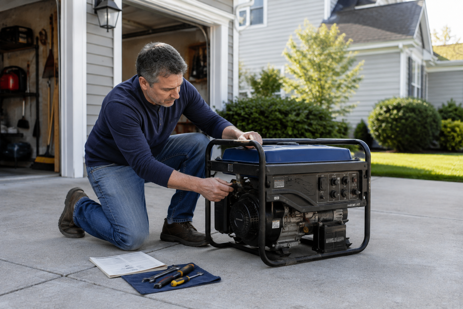 Homeowner inspecting a portable generator outdoors before severe-weather season.