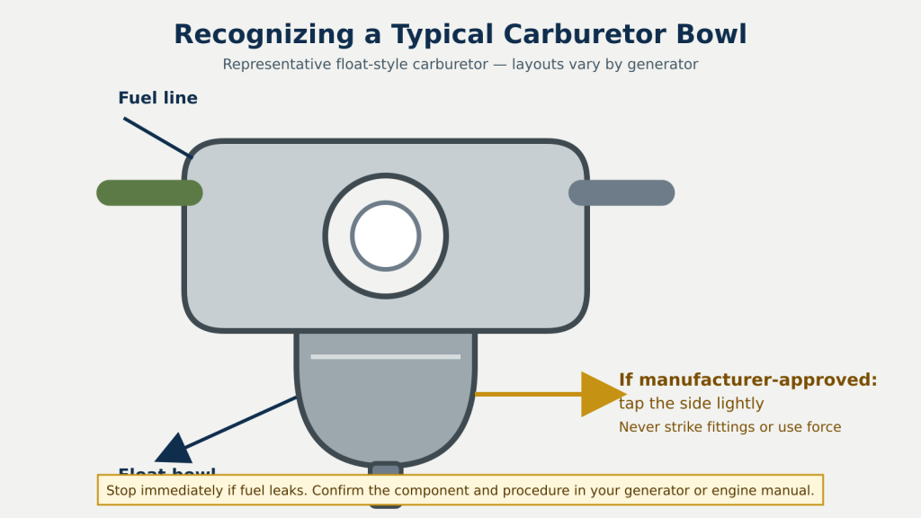 Labeled illustration showing the float bowl on a representative small-engine carburetor.