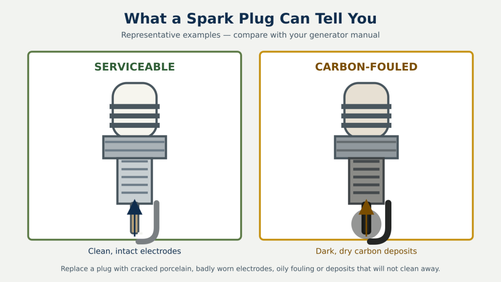 Side-by-side illustration of a serviceable generator spark plug and a carbon-fouled spark plug.