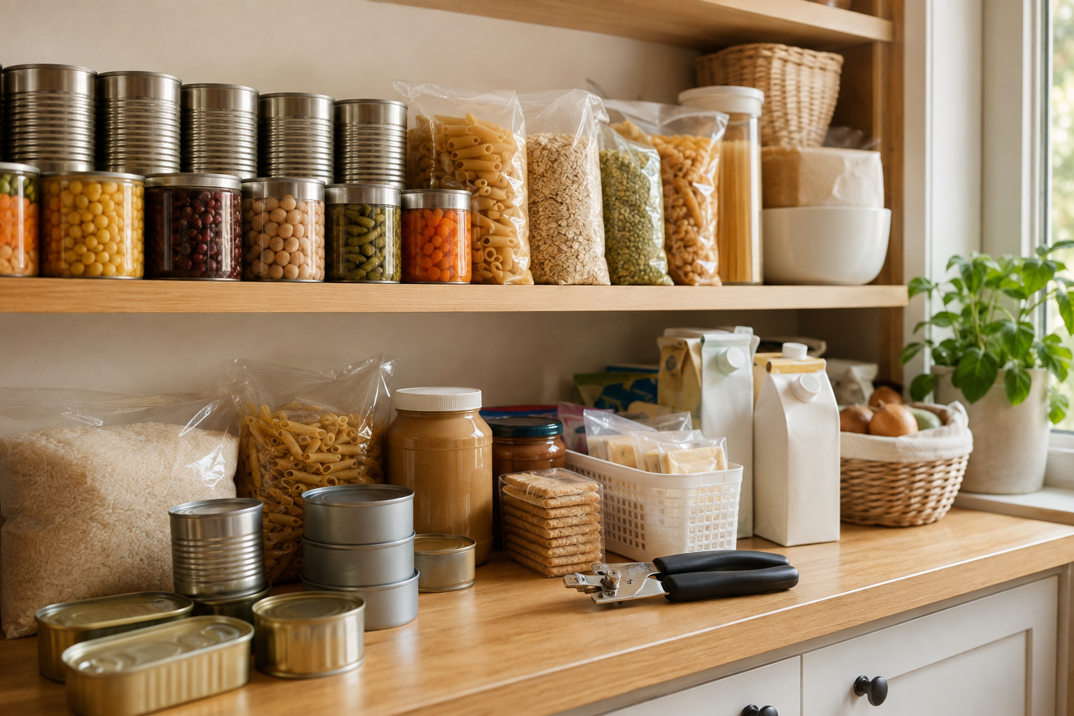 An organized home pantry with canned foods, dry staples, shelf-stable milk and a manual can opener.