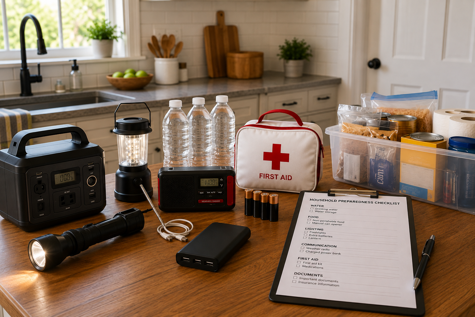 Emergency supplies and a household preparedness checklist arranged on a kitchen counter.