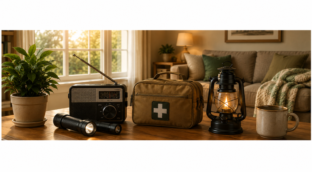 Emergency radio, flashlight, first-aid kit and lantern arranged in a comfortable home.