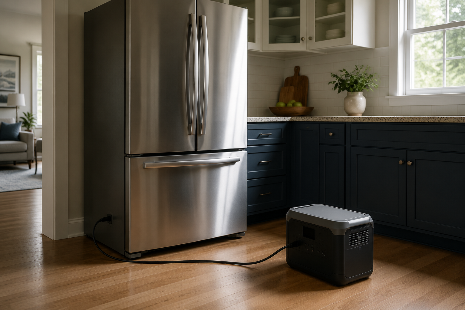 A portable battery power station connected to a refrigerator in a home kitchen during a power outage.