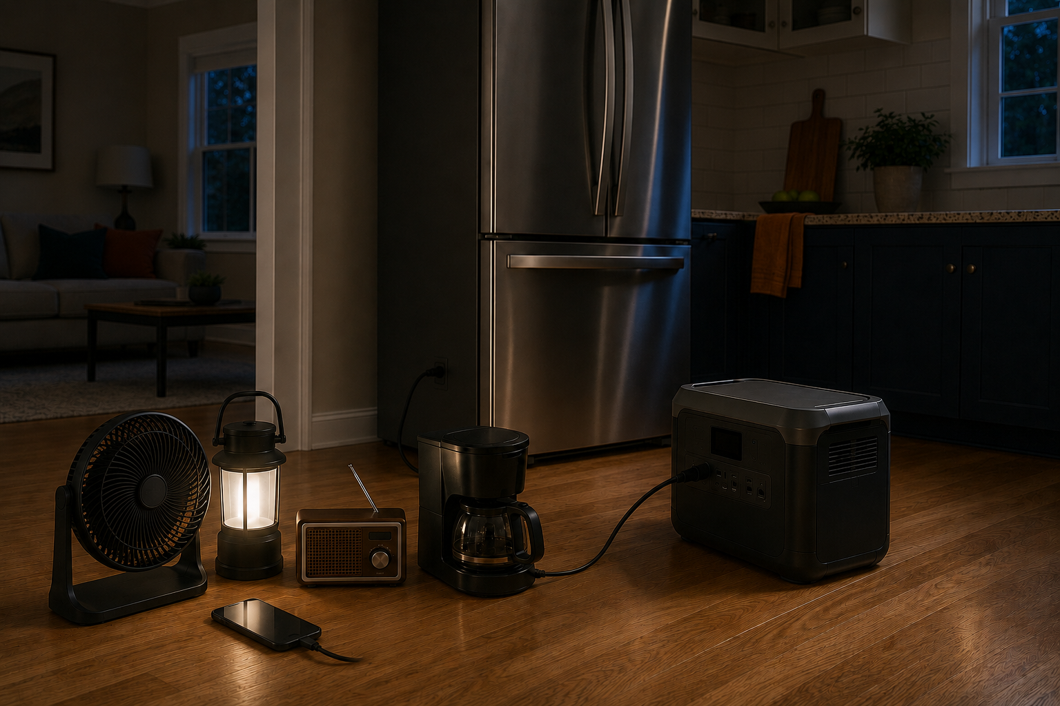 Portable battery power station running a coffee maker during a household outage, with a refrigerator, fan, lantern, radio and phone nearby.