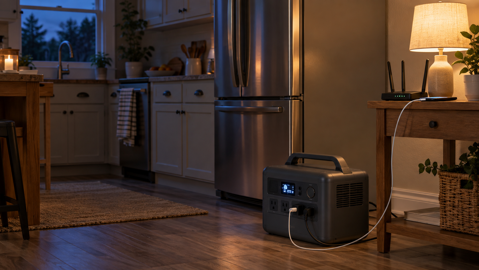 Portable battery power station beside a closed refrigerator, with a lamp, Wi-Fi router and charging phone during an evening outage.