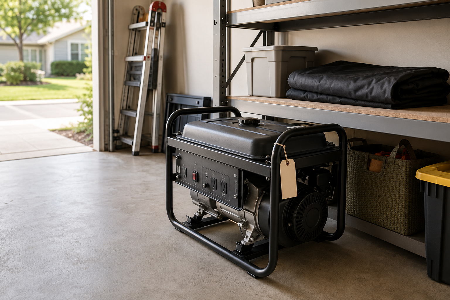 Portable generator switched off and stored upright in a clean, dry garage with its cover folded nearby.