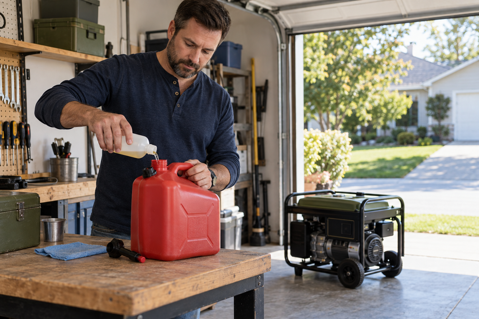 Homeowner adding fuel stabilizer to fresh gasoline beside a portable generator.