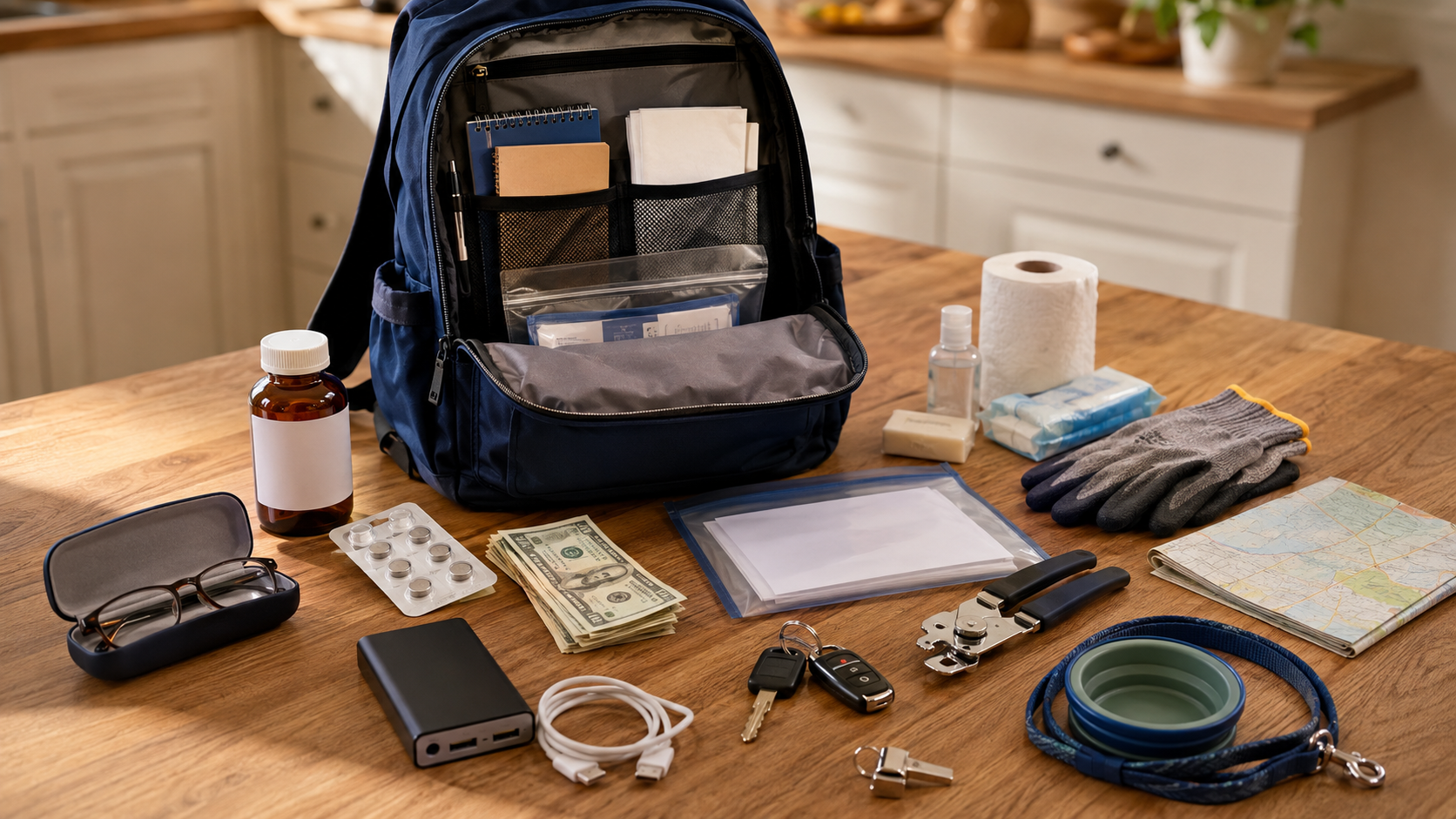 An open household emergency kit with medications, glasses, charging cables, cash, documents, pet supplies and a manual can opener.