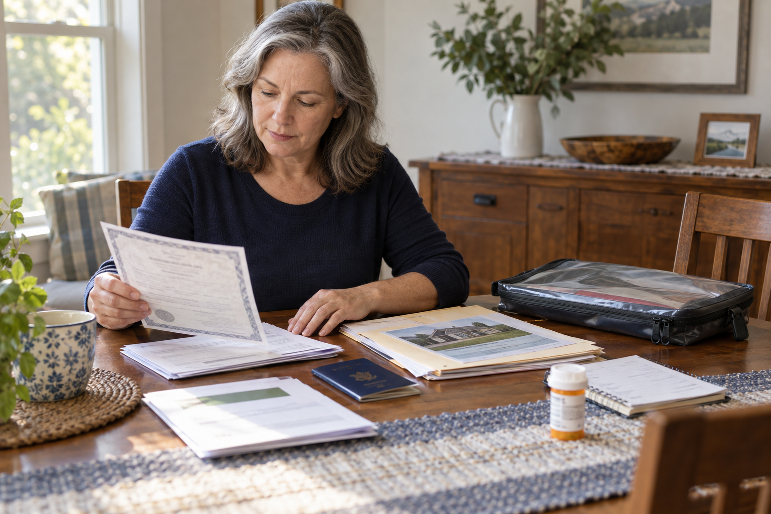 Homeowner organizing identification, property and medical documents beside a waterproof emergency pouch