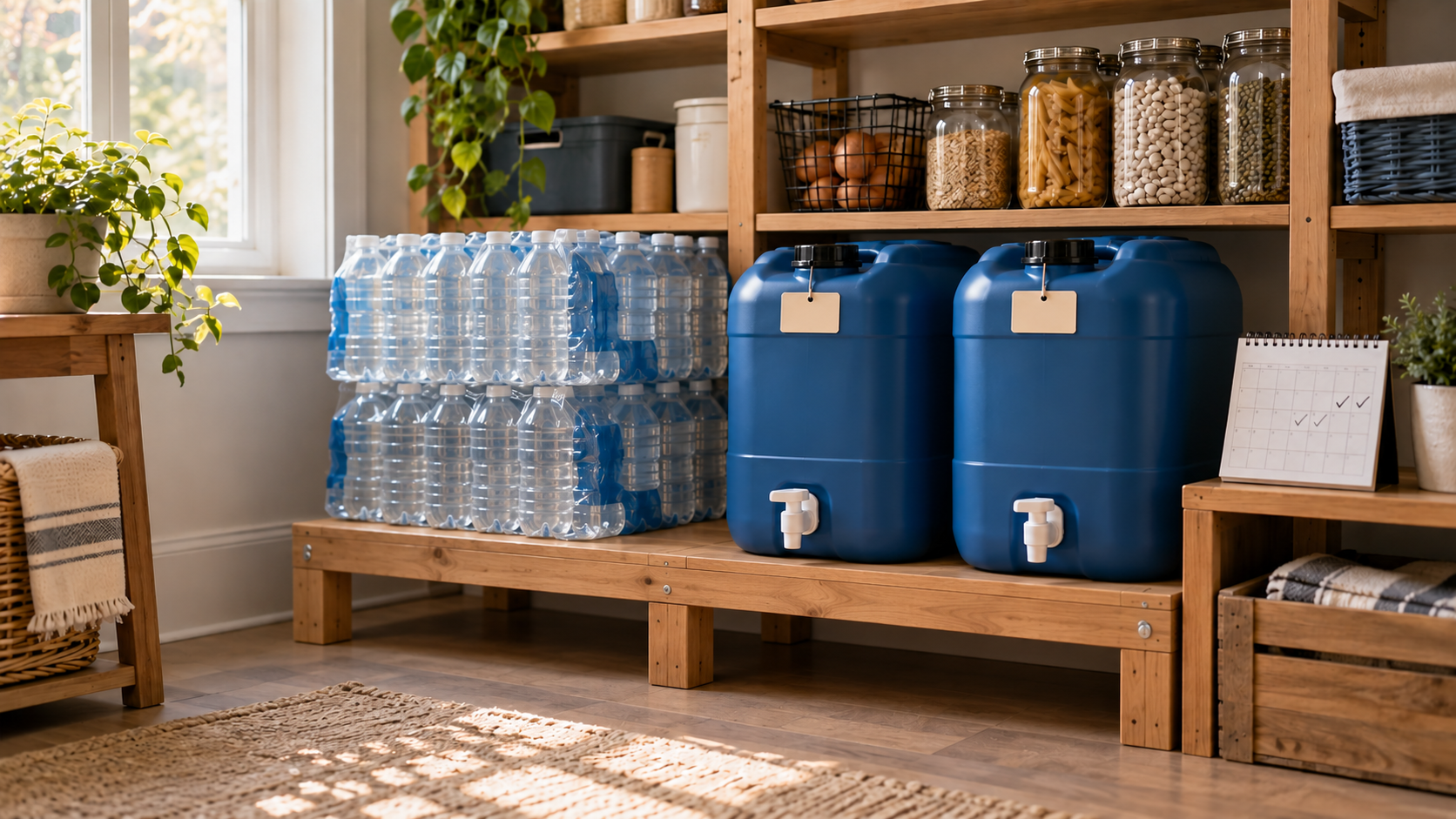 Bottled water and blue emergency water containers stored beside a household rotation calendar.