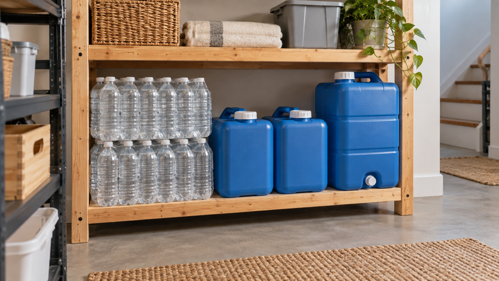 Bottled water and blue food-grade emergency water containers stored on sturdy shelving in a home