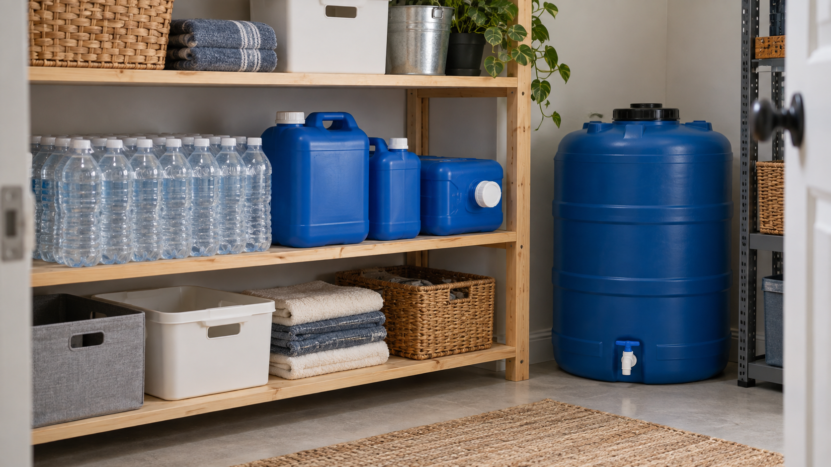Bottled water and several sizes of blue emergency water containers stored on sturdy low shelving in a home