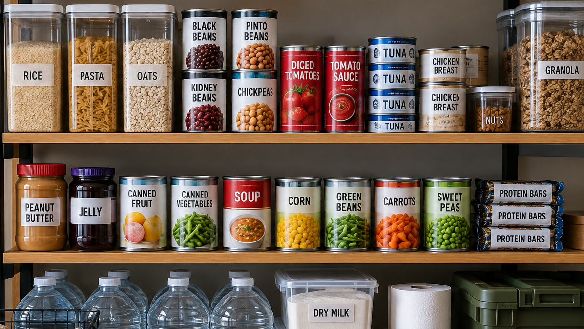 Organized pantry shelves with canned and shelf-stable foods arranged for a household emergency supply.