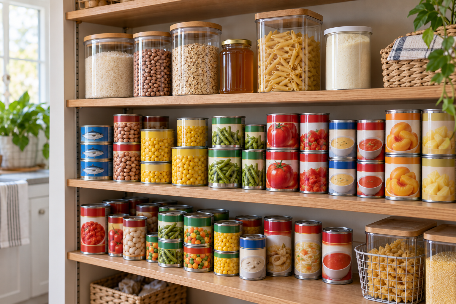 Organized pantry shelves stocked with canned tuna, beans, corn, green beans, tomatoes, soup and fruit alongside dry staples