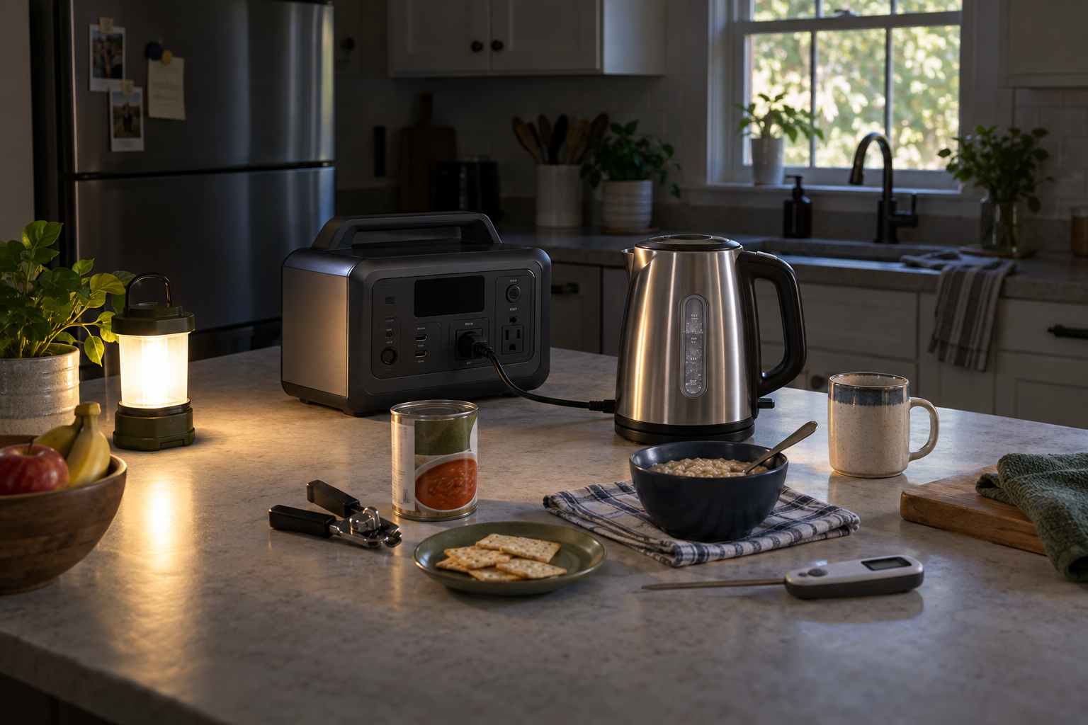 Electric kettle powered by a portable power station beside simple foods in a kitchen during a power outage