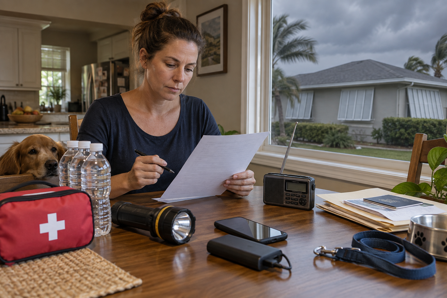 Homeowner reviewing a hurricane preparedness checklist beside emergency supplies and a weather radio