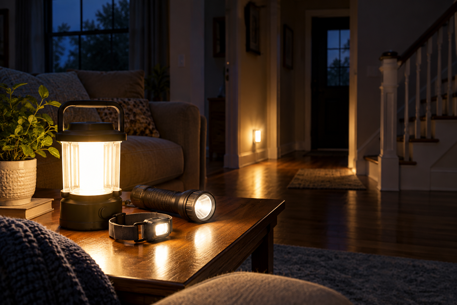 LED lantern, flashlight and headlamp providing emergency lighting inside a dark home during a power outage
