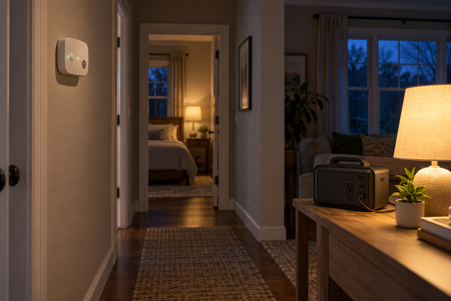 Carbon monoxide alarm on a hallway wall outside a bedroom, with a portable battery power station and lit lamp in an adjacent living room during an outage