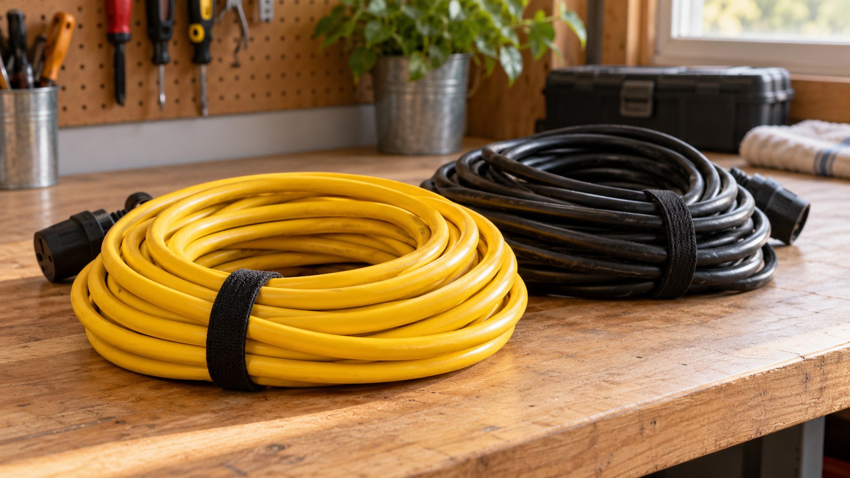 Coiled yellow and black heavy-duty extension cords on a home workbench