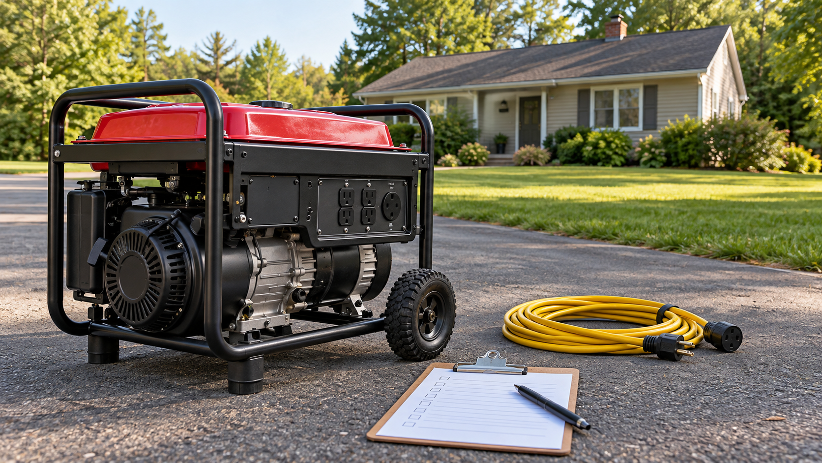 Portable generator outdoors away from a house with a coiled cord and load checklist