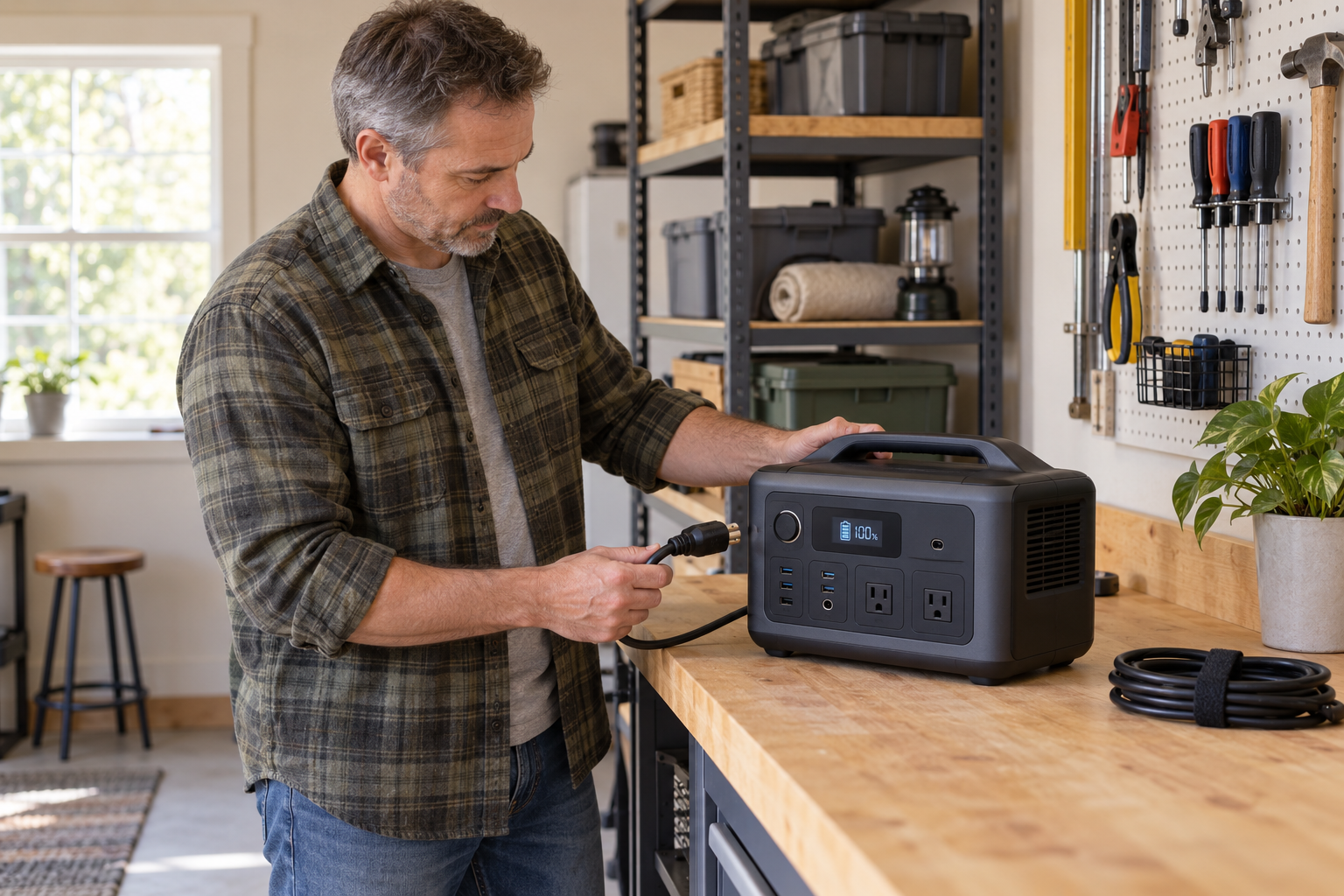 Homeowner inspecting the charging cable and display on a portable power station.