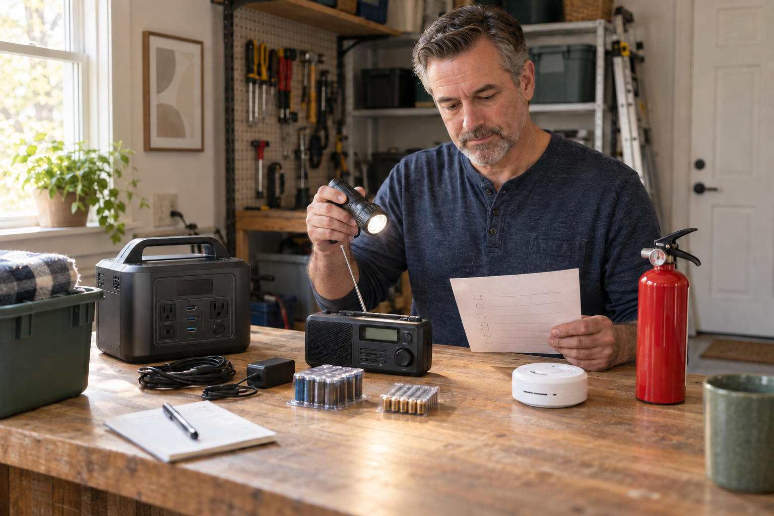 Homeowner checking a flashlight, weather radio and other household emergency equipment.
