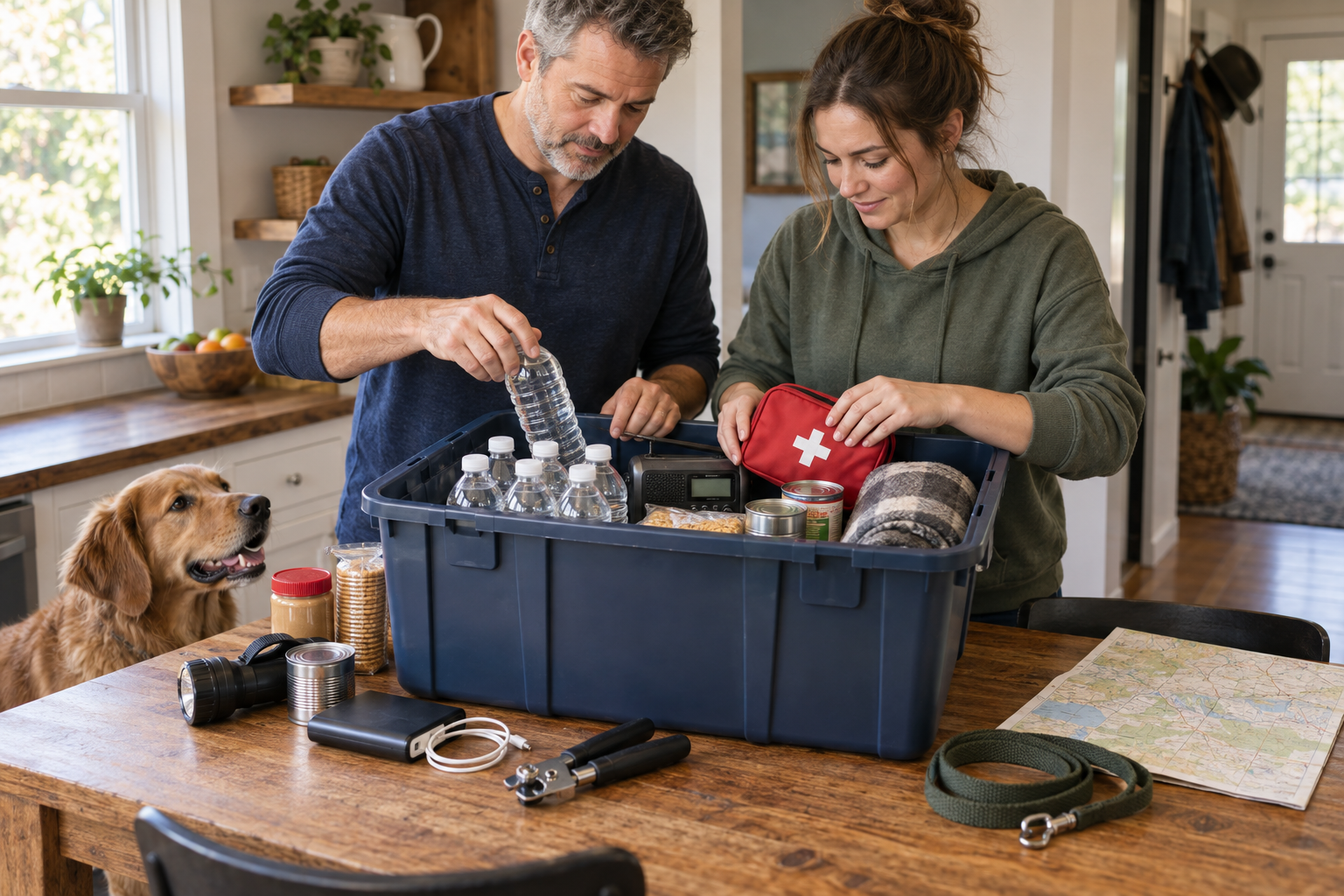 Two adults and a dog beside a household 72-hour emergency kit containing water, food, a radio, flashlight and first-aid supplies.